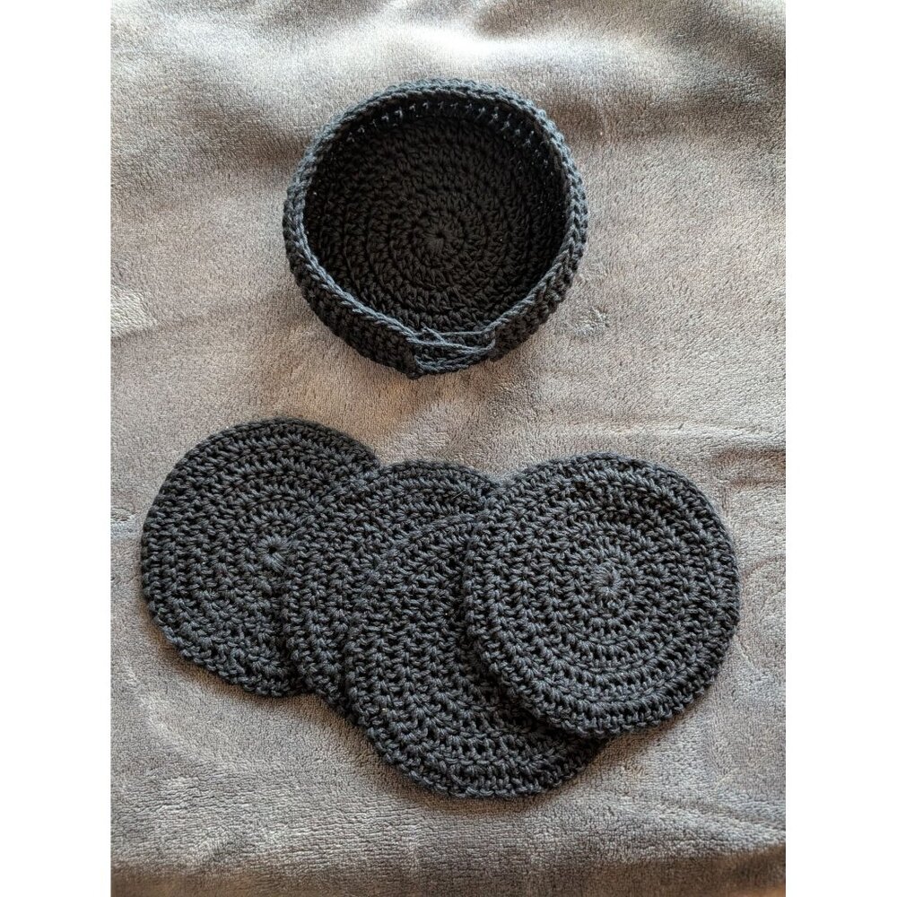 Handmade Black 100% Cotton Crochet Coaster Set With‎ Storage Basket